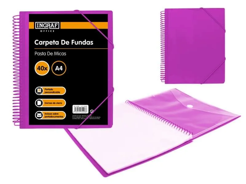 Cartella Ingraf 40 Copertine A4 + Busta con Chiusura - Spirale in Plastica Indeformabile - Apertura a 360 Gradi - Copertina Personalizzabile - Colore Viola - immagine 1