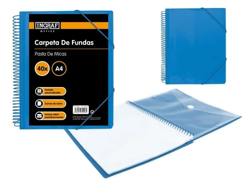 Cartella Ingraf 40 Copertine A4 + Busta con Chiusura - Spirale Plastica Indeformabile - Apertura 360 Gradi - Copertina Personalizzabile - Colore Blu - immagine 1