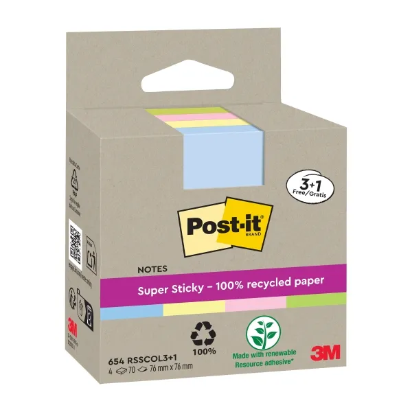 Post-it Super Sticky Confezione da 4 blocchi da 70 foglietti adesivi riciclati - Forma quadrata - 76x76 mm - Colori assortiti - immagine 1