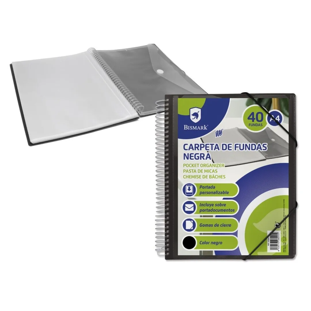 Cartella Bismark con 40 copertine trasparenti - Formato A4 - Include busta porta documenti - Chiusura in gomma - immagine 1