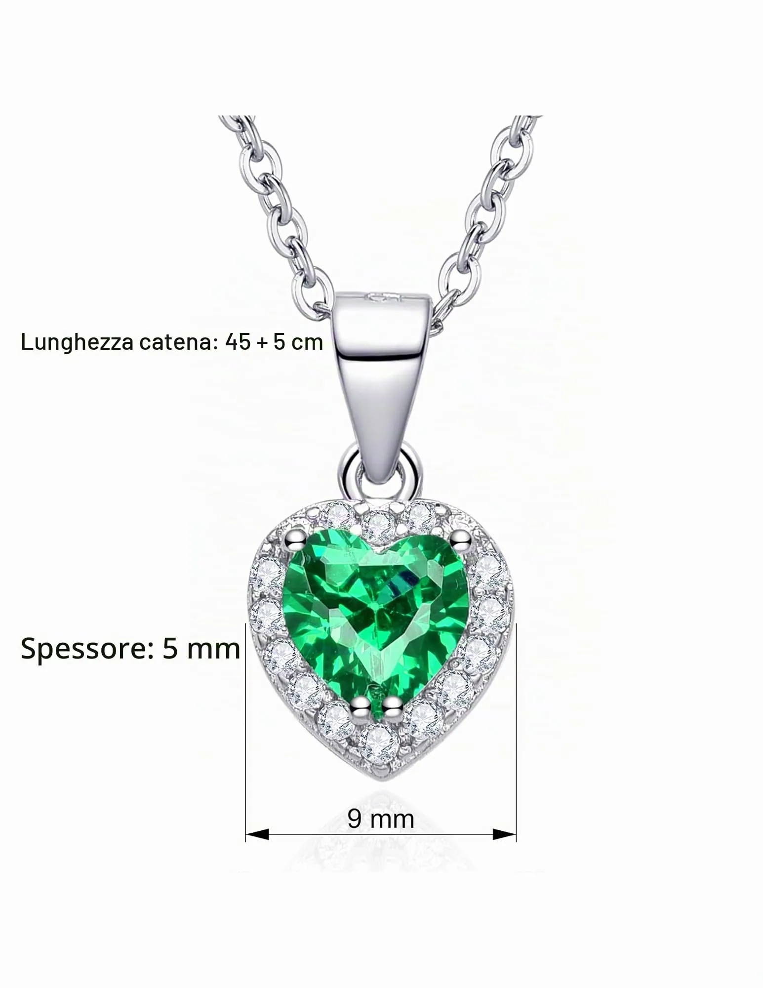 Dada Gioielli - Collana Cuore 9mm Punto Luce Argento 925 Con Zirconi Brillanti Catenina 45+5cm (Verde Smeraldo) - immagine 6
