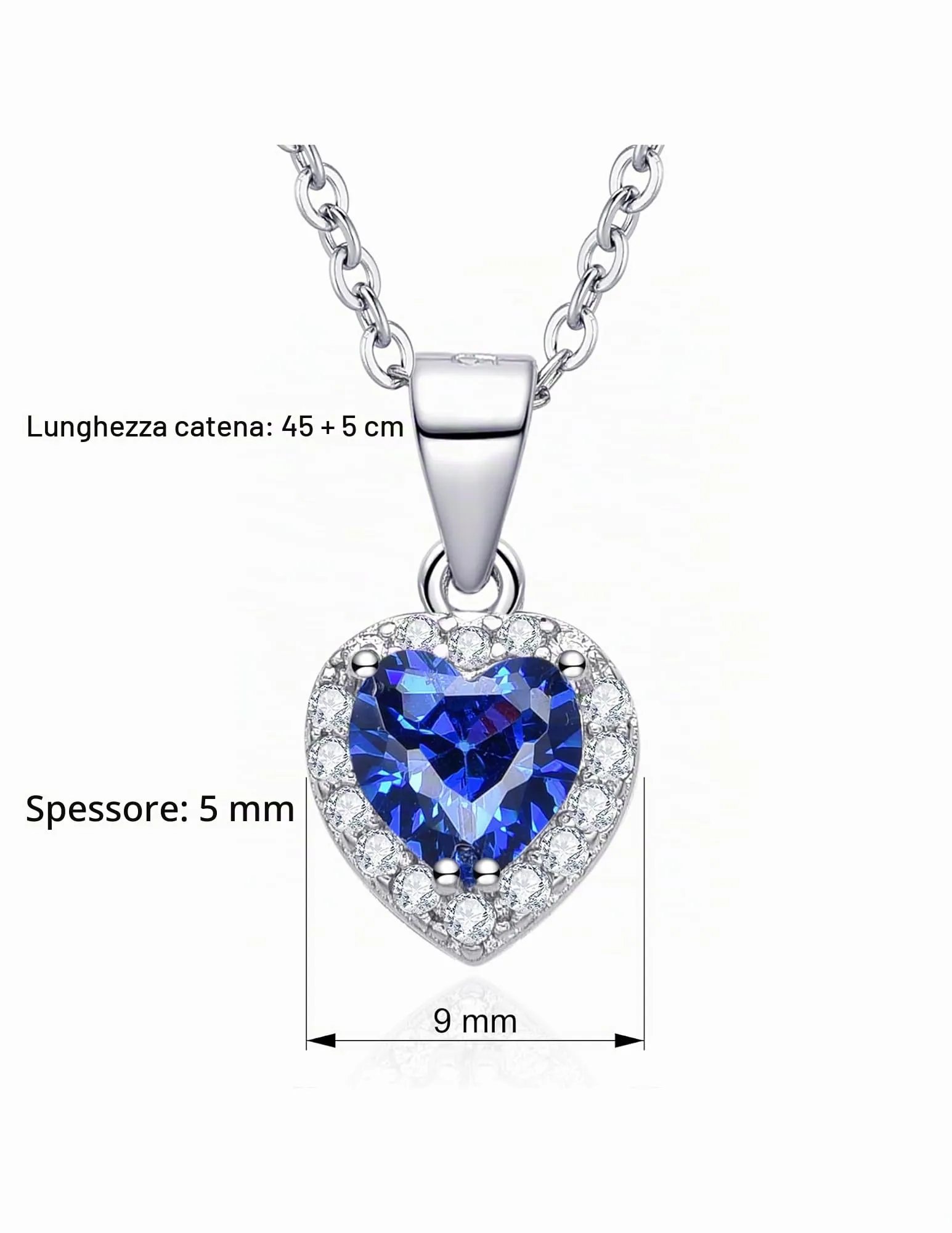 Dada Gioielli - Collana Cuore 9mm Punto Luce Argento 925 Con Zirconi Brillanti Catenina 45+5cm (Blu Zaffiro) - immagine 5