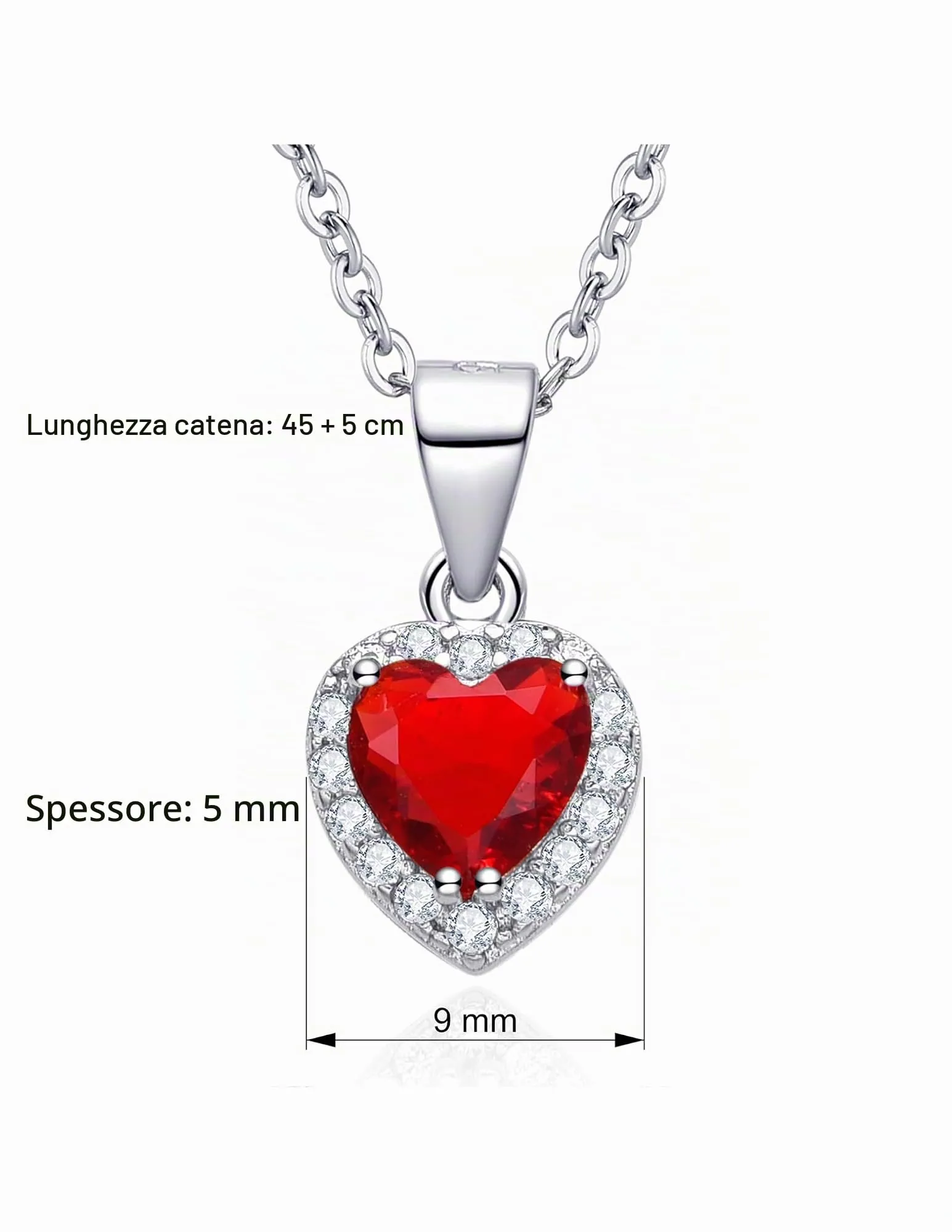 Dada Gioielli - Collana Cuore 9mm Punto Luce Argento 925 Con Zirconi Brillanti Catenina 45+5cm (Rosso Rubino) - immagine 6