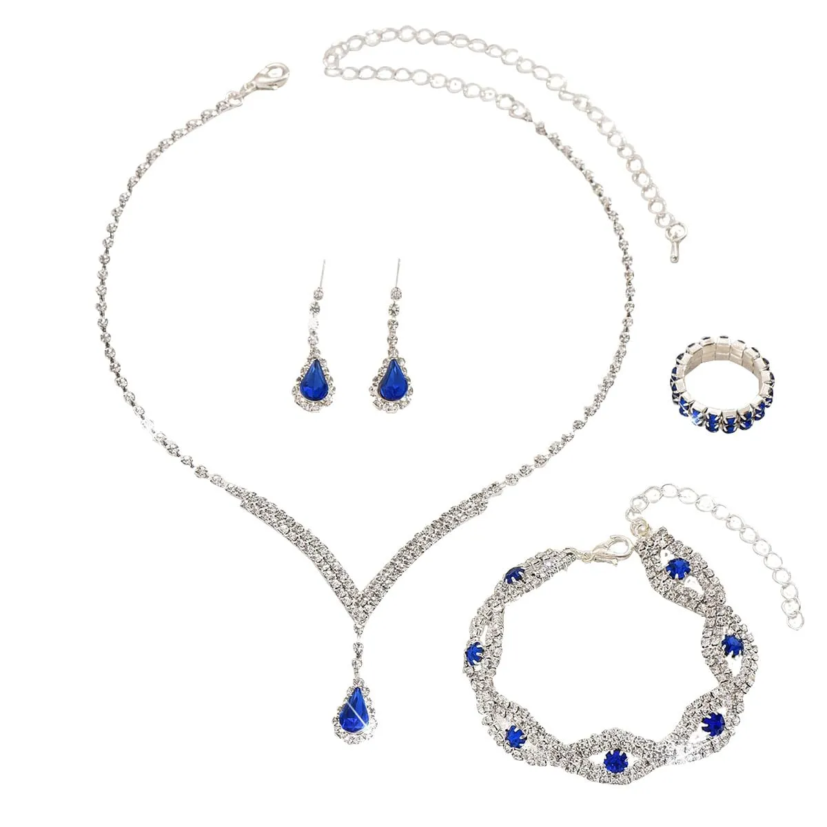 FDEETY Gioielleria Parures per Donne con Zirconi Cubici Collana con Ciondolo in Strass Orecchini Bracciali Set per la Sposa Zirconia Damigella D'onore Gioielleria(Blu) - immagine 1