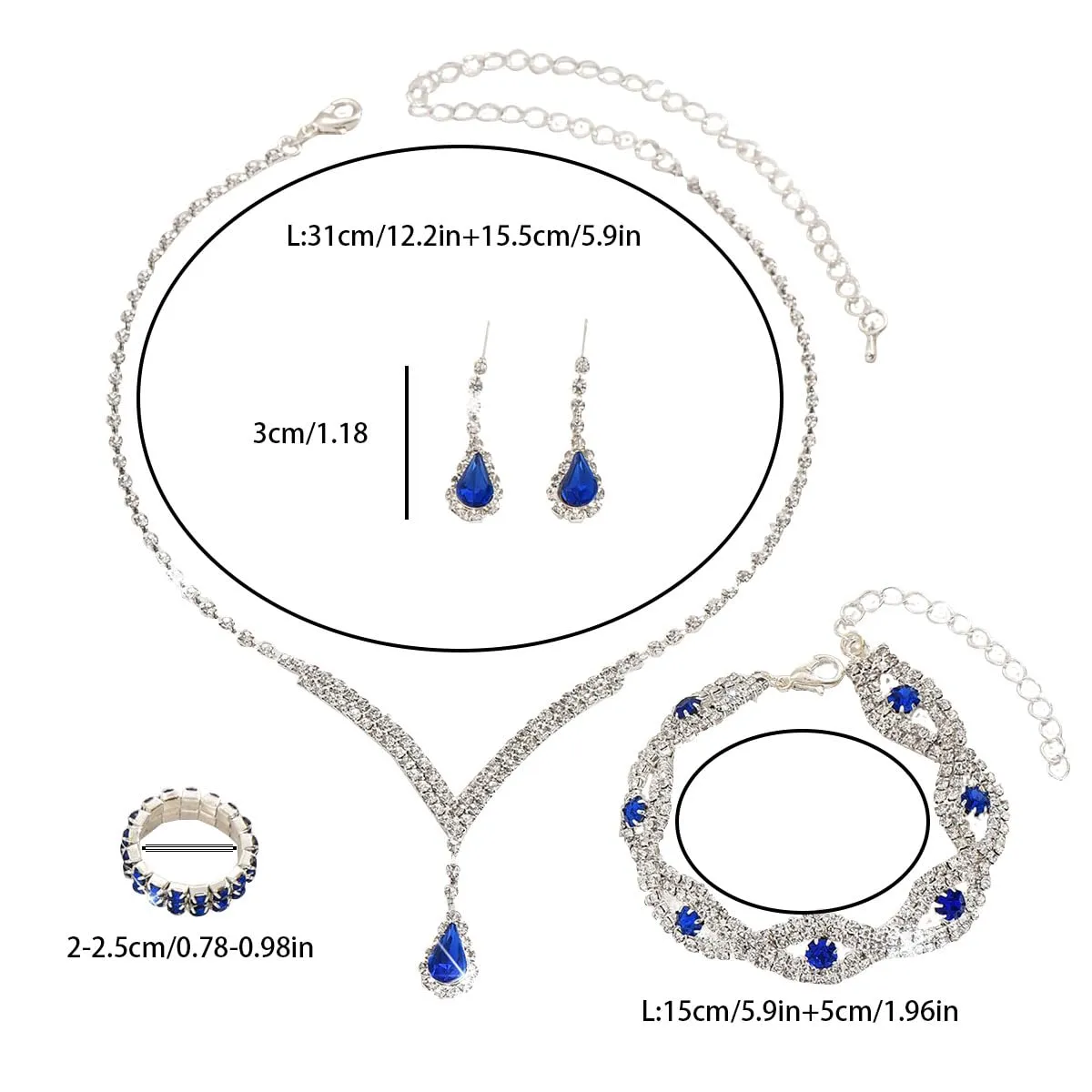 FDEETY Gioielleria Parures per Donne con Zirconi Cubici Collana con Ciondolo in Strass Orecchini Bracciali Set per la Sposa Zirconia Damigella D'onore Gioielleria(Blu) - immagine 2