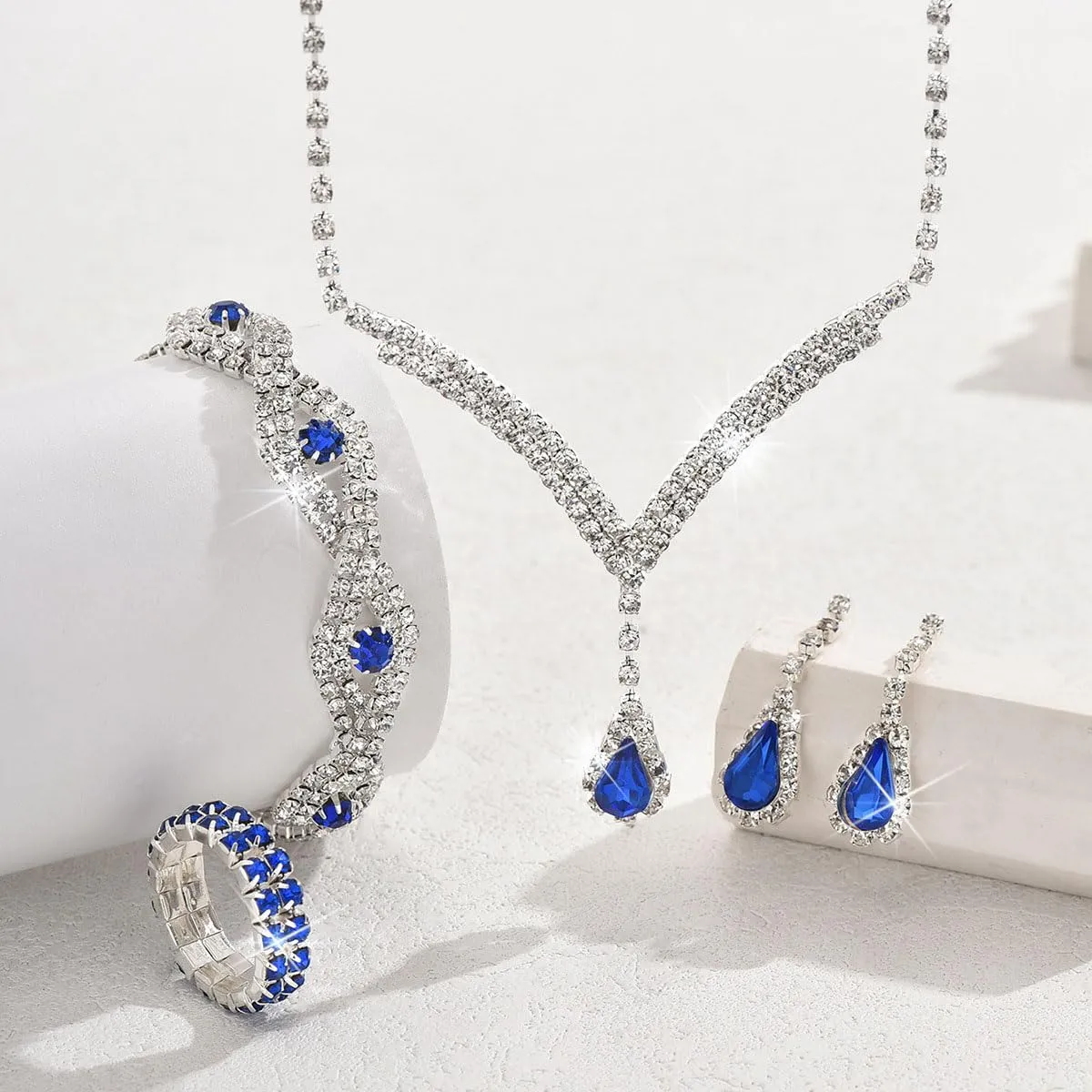 FDEETY Gioielleria Parures per Donne con Zirconi Cubici Collana con Ciondolo in Strass Orecchini Bracciali Set per la Sposa Zirconia Damigella D'onore Gioielleria(Blu) - immagine 3