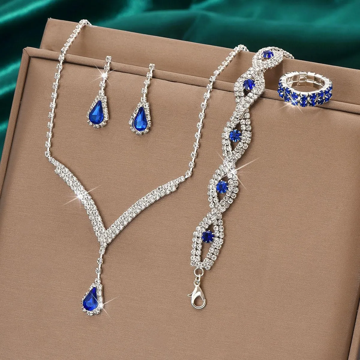 FDEETY Gioielleria Parures per Donne con Zirconi Cubici Collana con Ciondolo in Strass Orecchini Bracciali Set per la Sposa Zirconia Damigella D'onore Gioielleria(Blu) - immagine 4