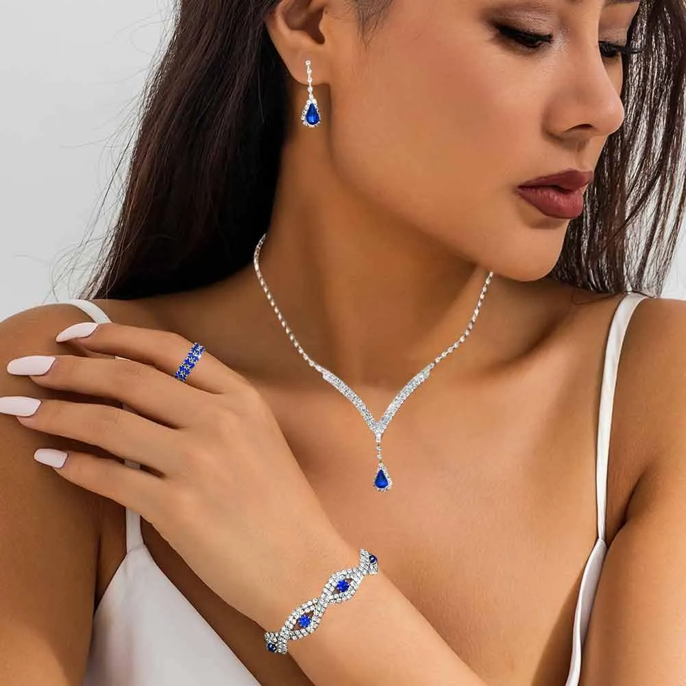 FDEETY Gioielleria Parures per Donne con Zirconi Cubici Collana con Ciondolo in Strass Orecchini Bracciali Set per la Sposa Zirconia Damigella D'onore Gioielleria(Blu) - immagine 7