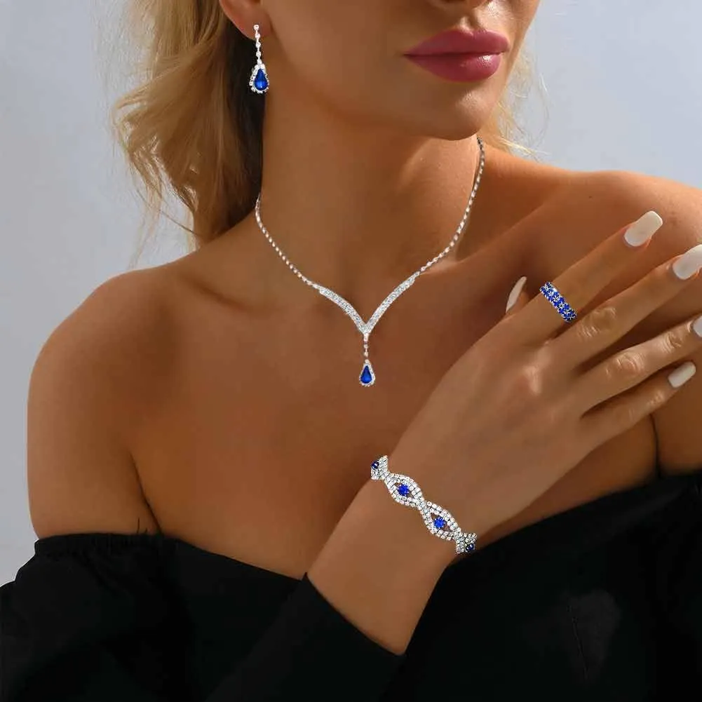 FDEETY Gioielleria Parures per Donne con Zirconi Cubici Collana con Ciondolo in Strass Orecchini Bracciali Set per la Sposa Zirconia Damigella D'onore Gioielleria(Blu) - immagine 8