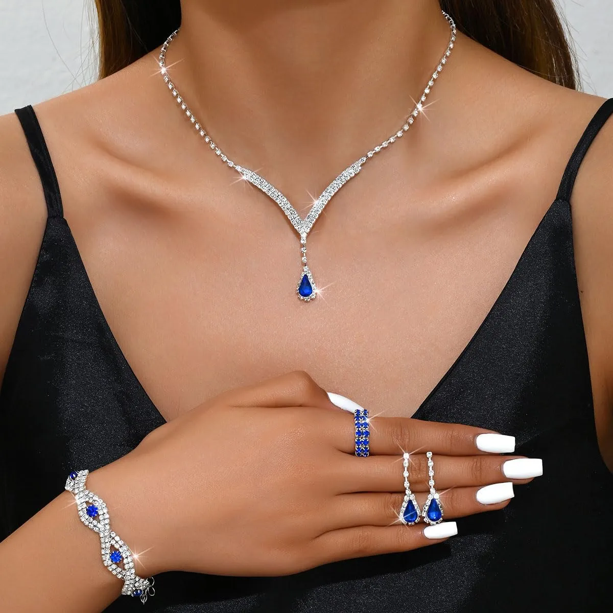 FDEETY Gioielleria Parures per Donne con Zirconi Cubici Collana con Ciondolo in Strass Orecchini Bracciali Set per la Sposa Zirconia Damigella D'onore Gioielleria(Blu) - immagine 9