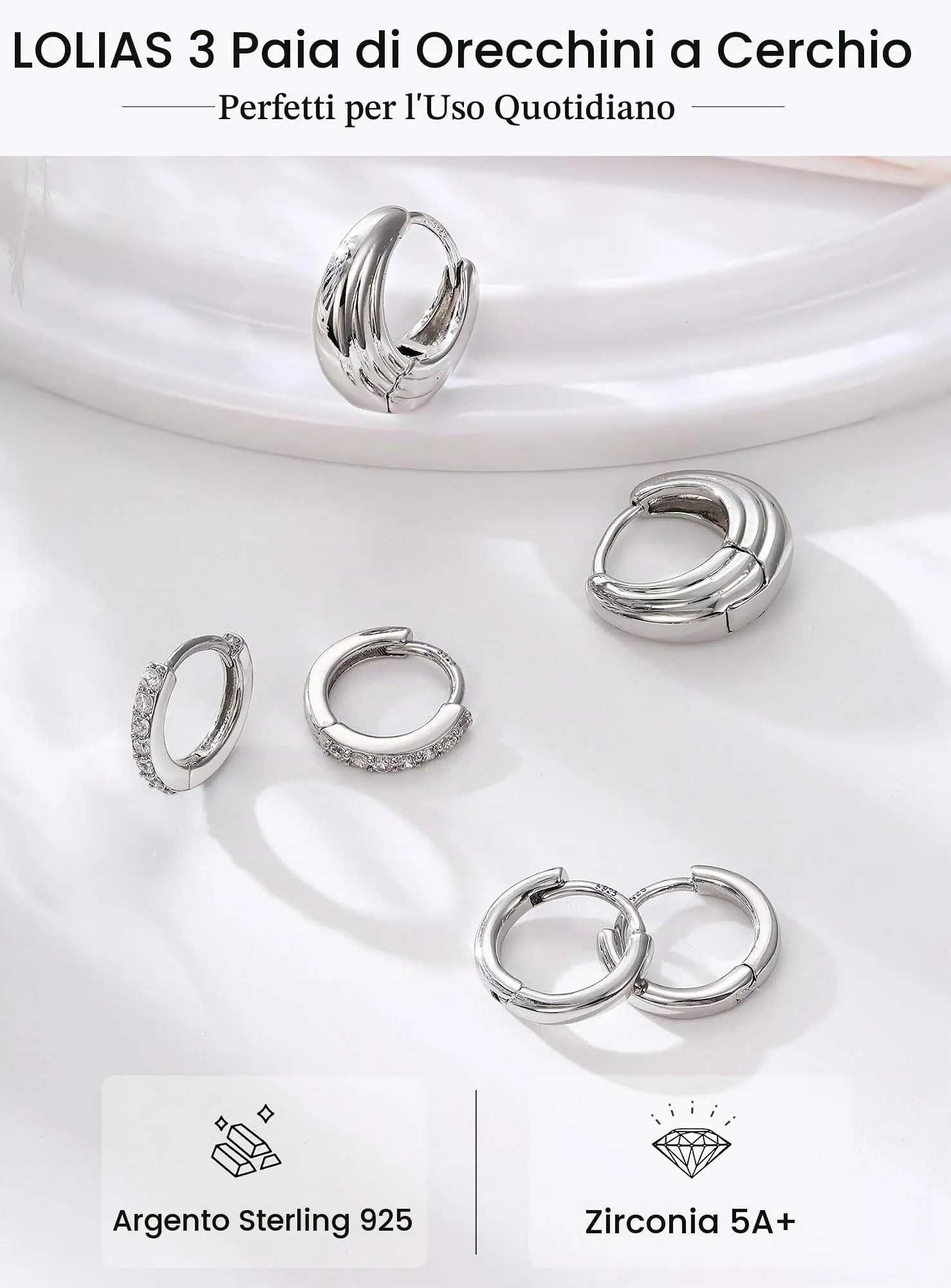 LOLIAS 3 Paia Orecchini Cerchio con Perni in Argento 925 Orecchini Donna - immagine 4