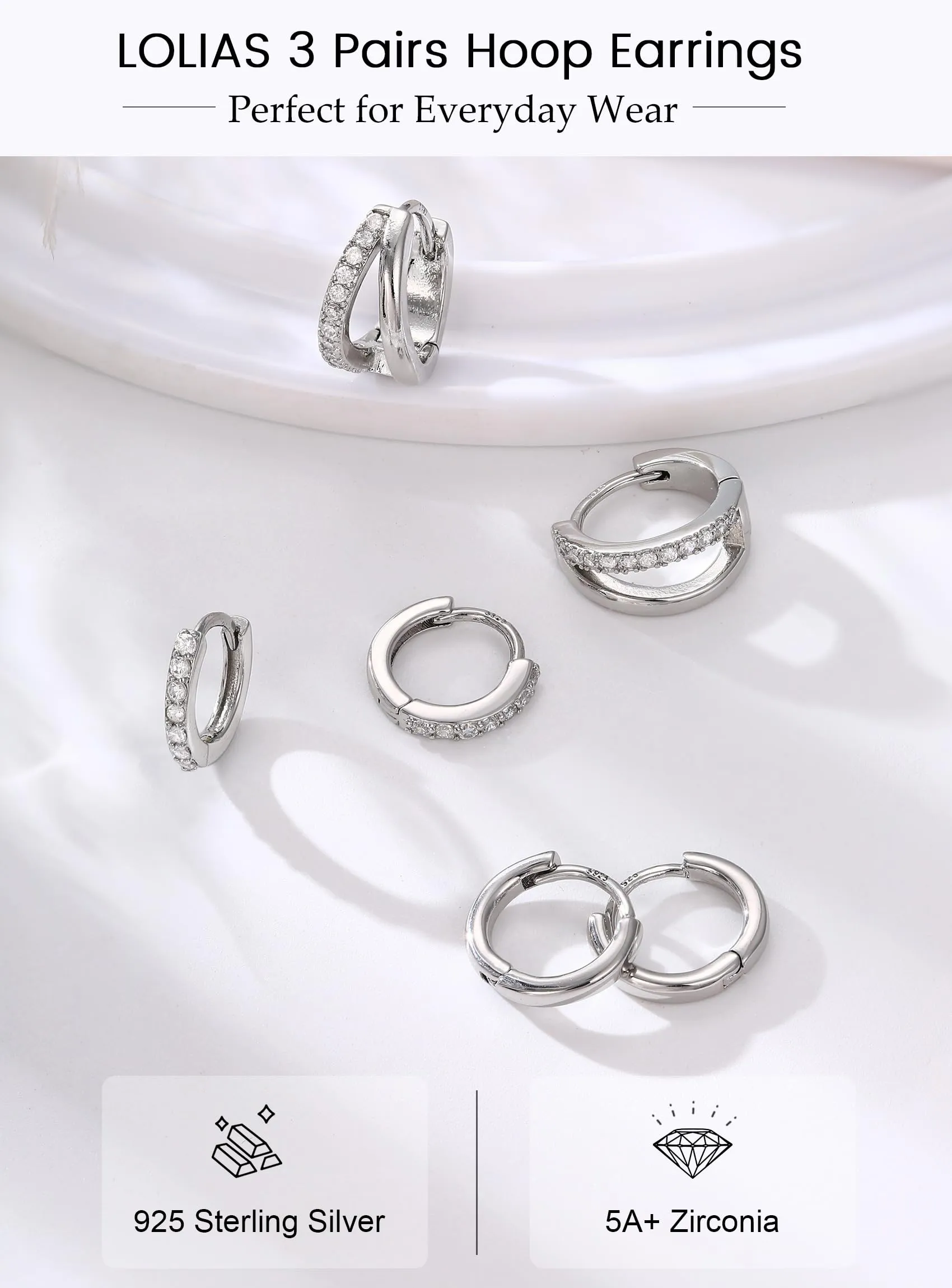 LOLIAS 3 Paia Orecchini Cerchio con Perni in Argento 925 Orecchini Donna - immagine 4
