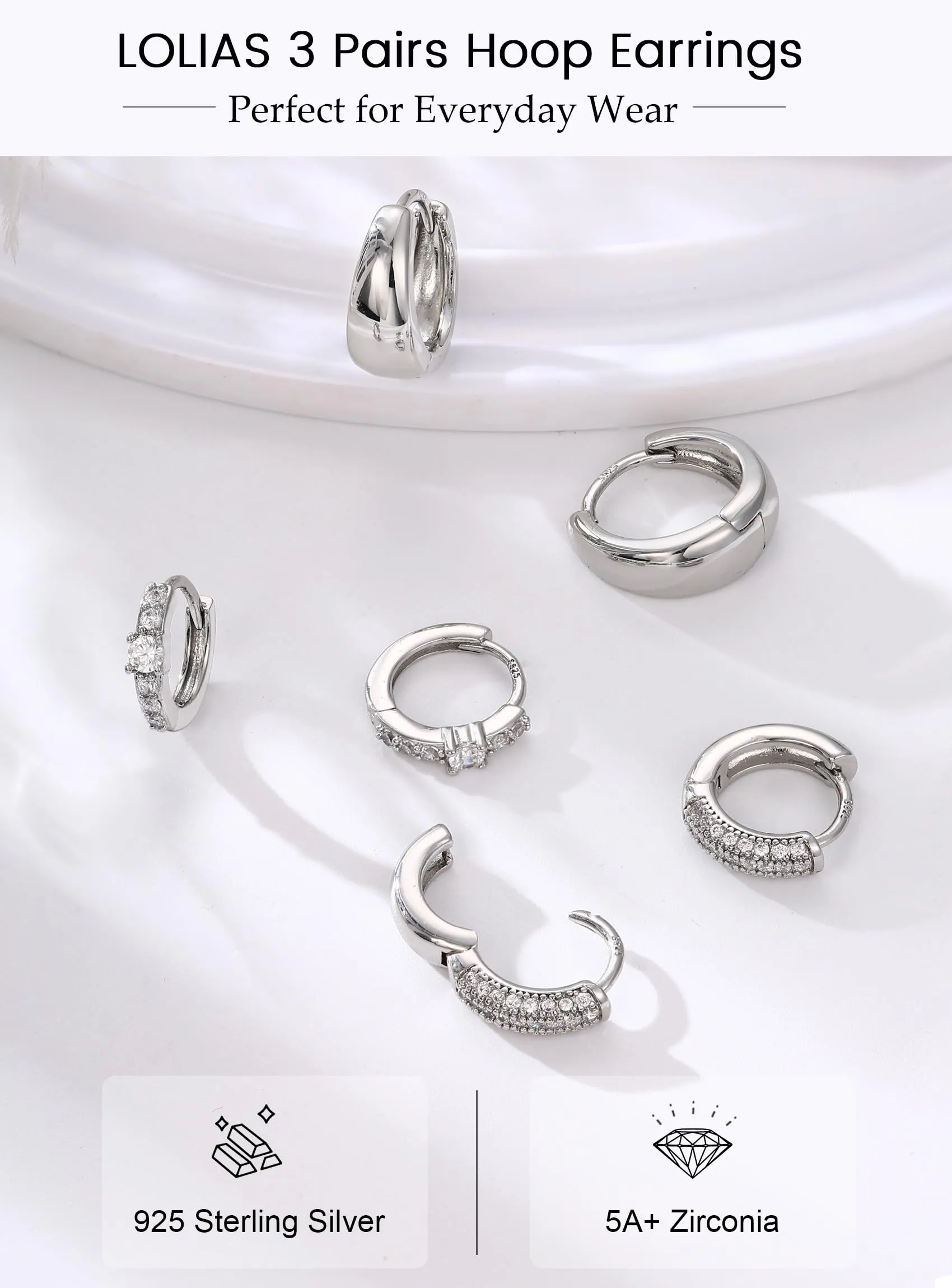 LOLIAS 3 Paia Orecchini Cerchio con Perni in Argento 925 Orecchini Donna - immagine 4
