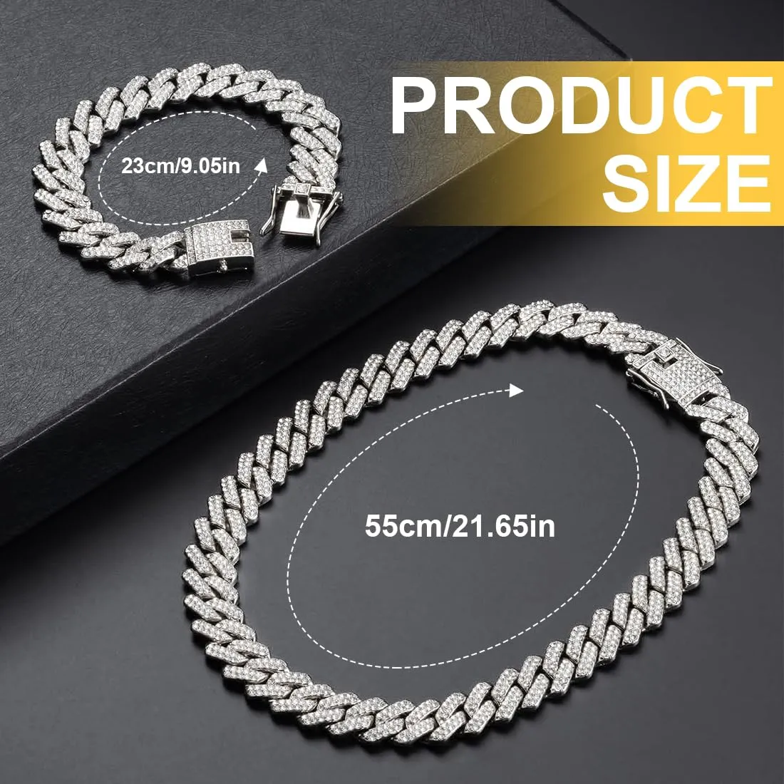 MIRKUZI Collane da uomo, Collana da uomo con link cubano Miami collana girocollo bracciale set di gioielli hip-hop per ragazzi e uomini catena di diamanti (Argento) - immagine 2