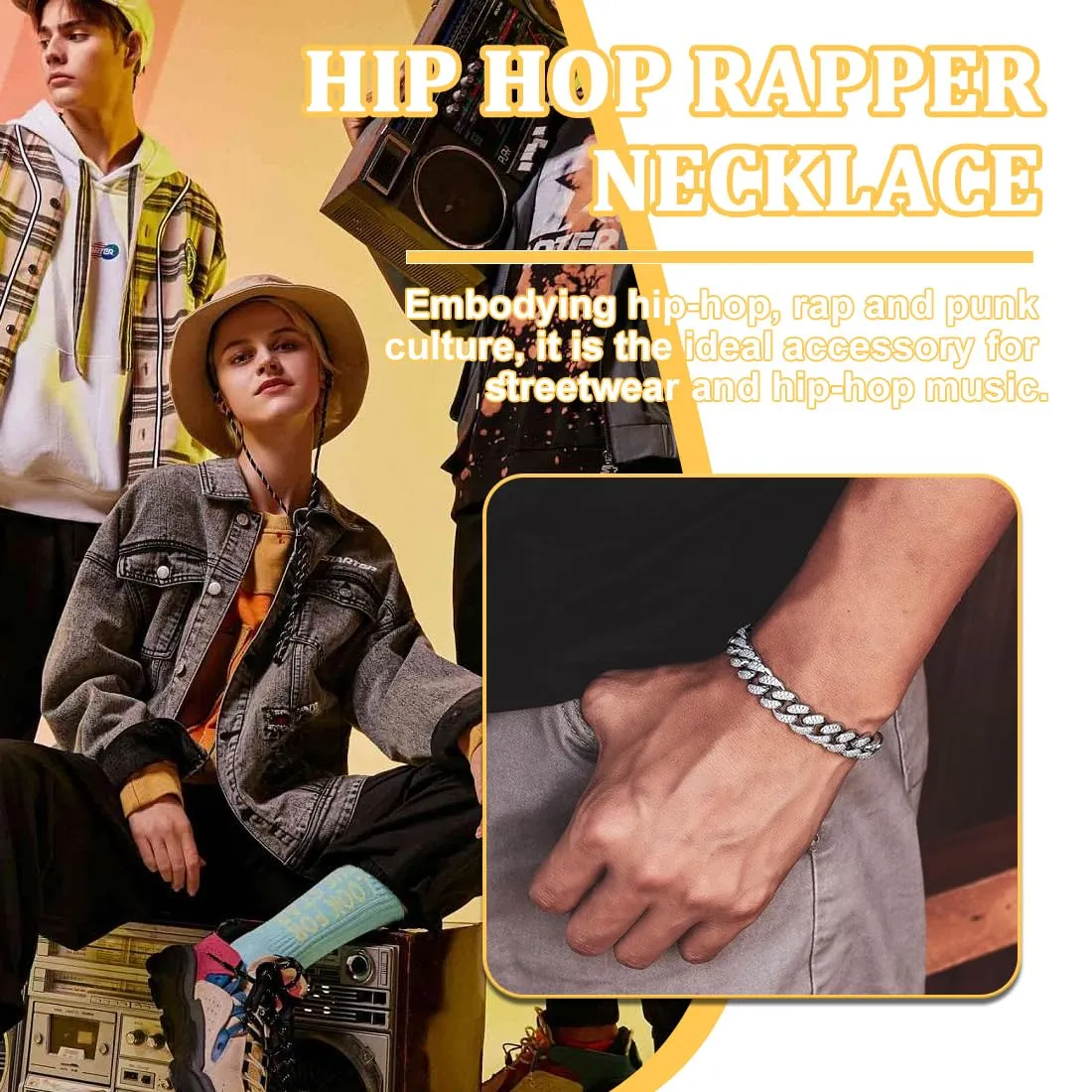 MIRKUZI Collane da uomo, Collana da uomo con link cubano Miami collana girocollo bracciale set di gioielli hip-hop per ragazzi e uomini catena di diamanti (Argento) - immagine 4