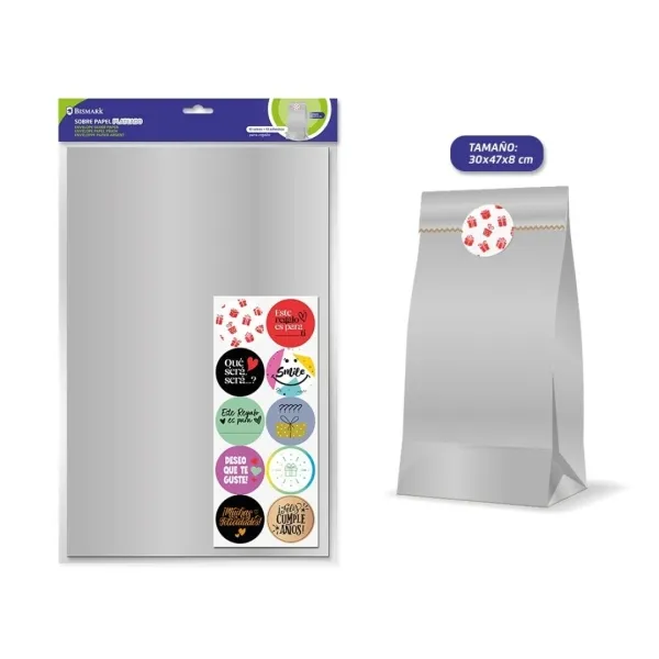 Confezione da 10 buste in carta kraft Bismark da 50 g/m² con 10 adesivi di chiusura - Dimensioni: 30x47x8 cm - Ideali per regali - Colore argento - immagine 1