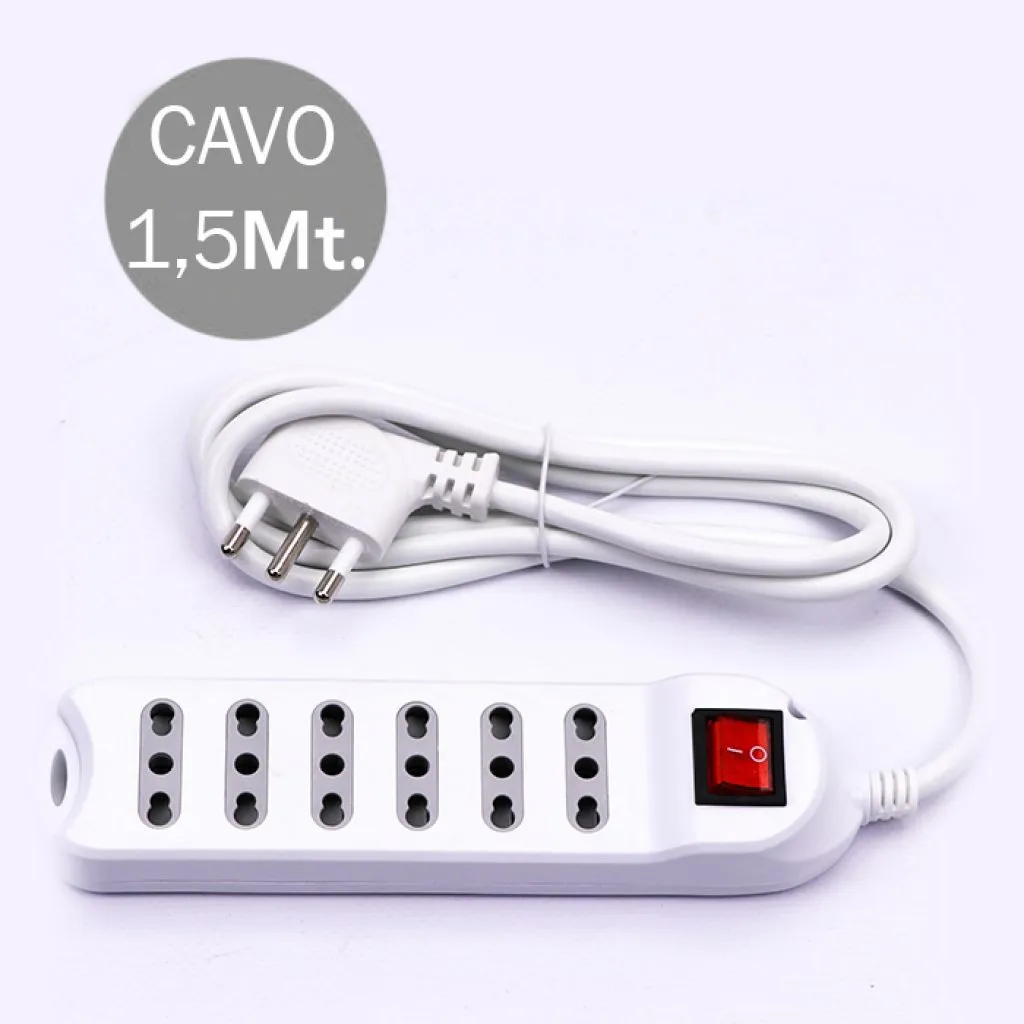 V-TAC Multipresa con Cavo 15m 6 Prese 10/16A 2P+T Bipasso con Interruttore Luminoso e Spina 16A 2P+T Colore Bianco - immagine 1