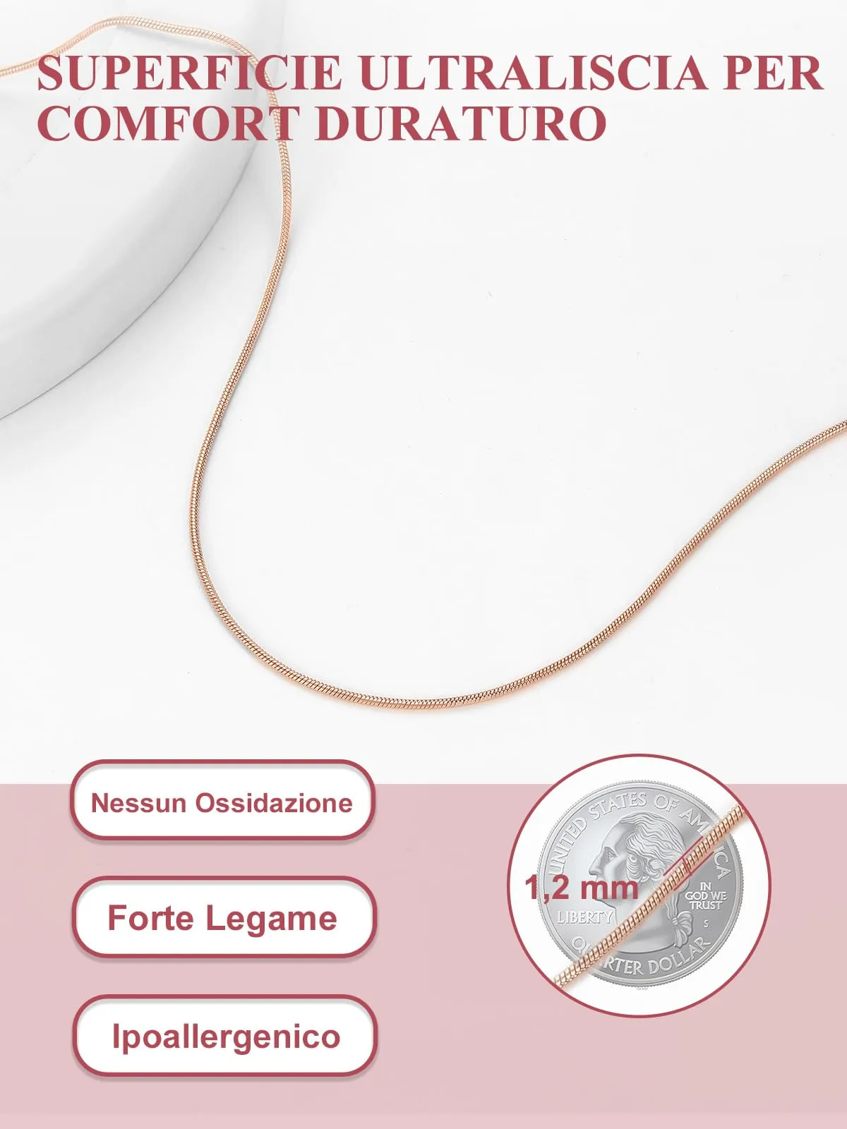 FOCALOOK Oro Rosa 45cm Collana Donna Uomo Acciaio Inossidabile - immagine 4