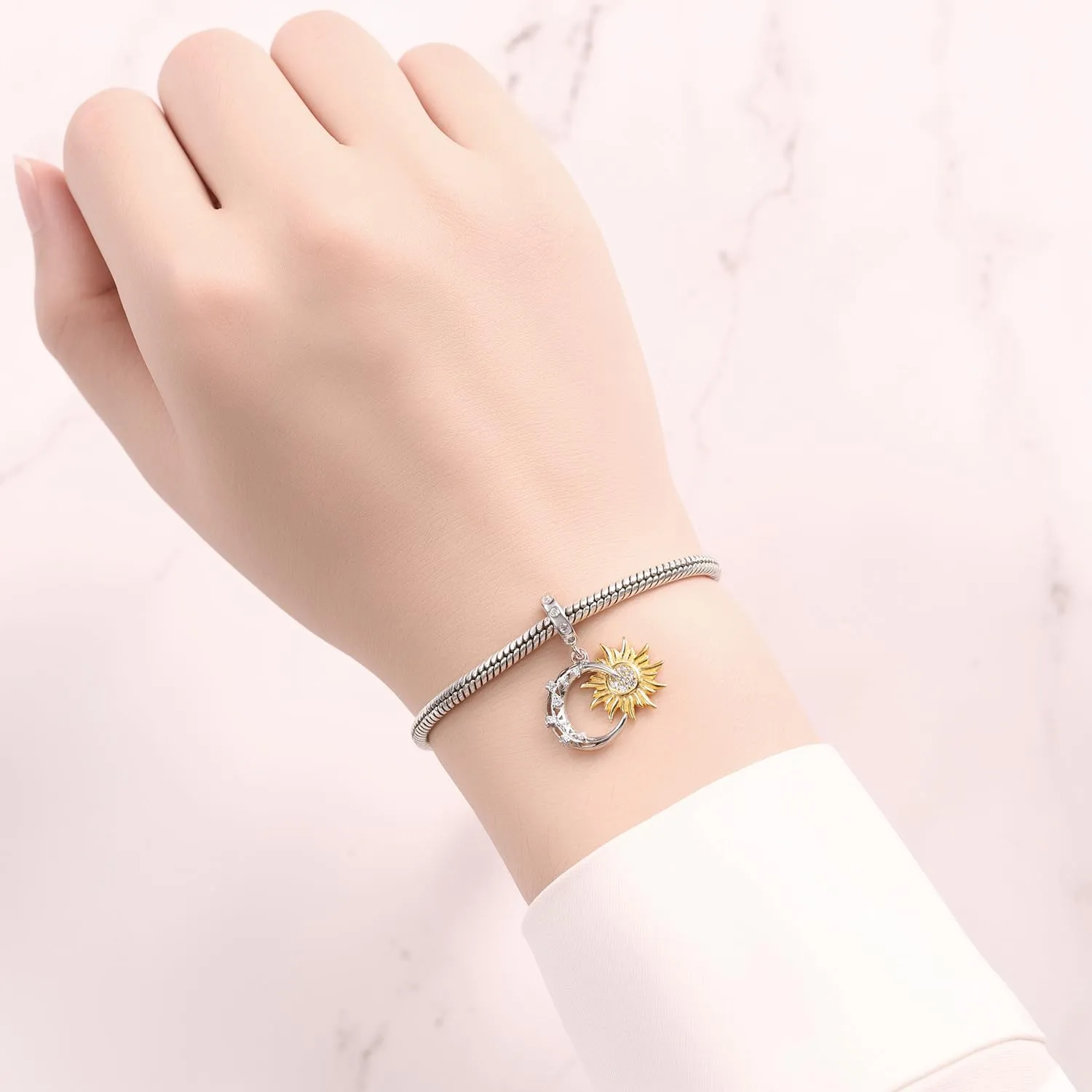 CYCUFF Ciondoli in argento e sterling 925, per braccialetti e collane, bracciali, ciondoli, perle, regalo per amici e donne (sole e luna), Argento sterling - immagine 5