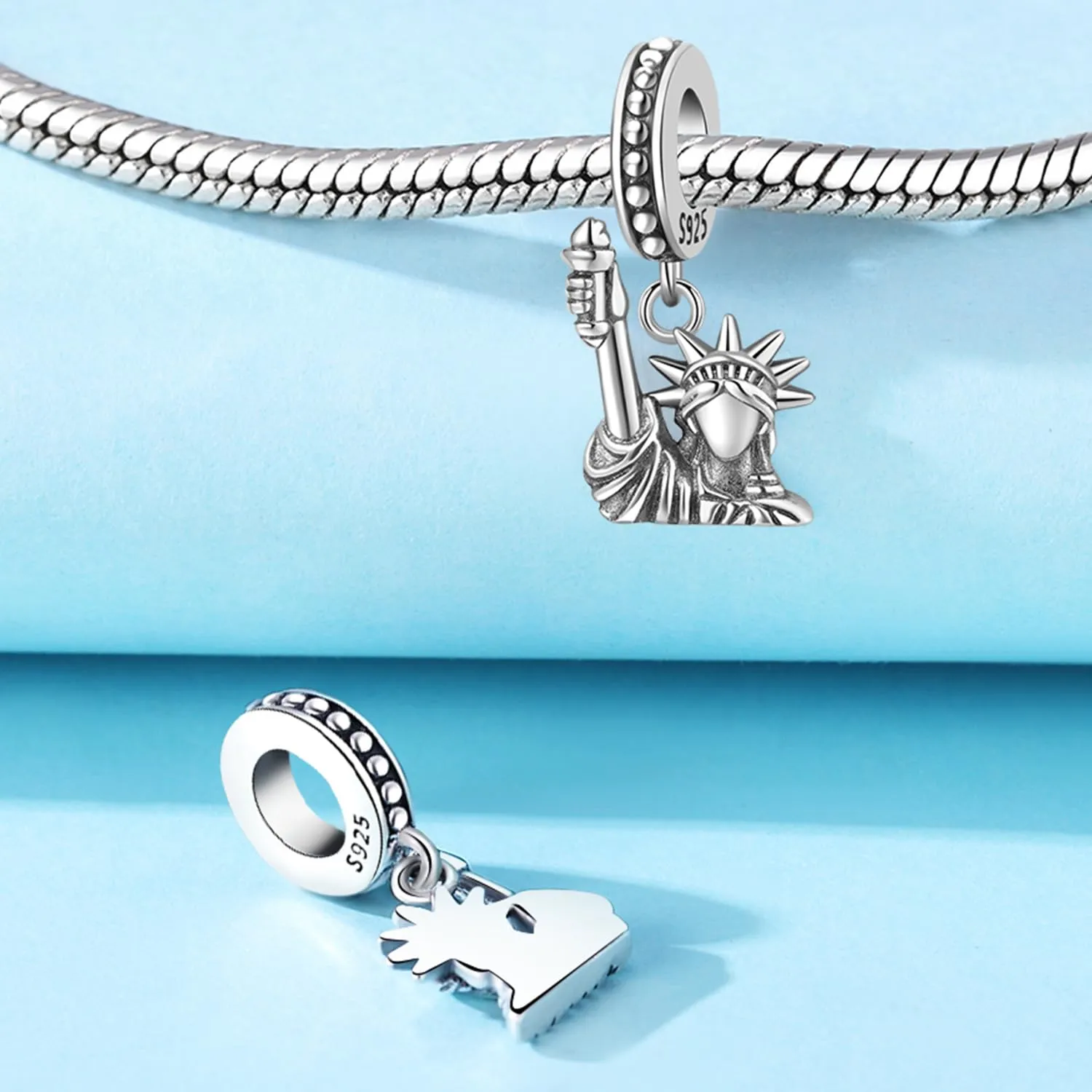 CYCUFF Ciondoli in argento e sterling 925, per braccialetti e collane, bracciali, ciondoli, perle, regalo per amici e donne (fascino statua della libertà), Argento sterling - immagine 3