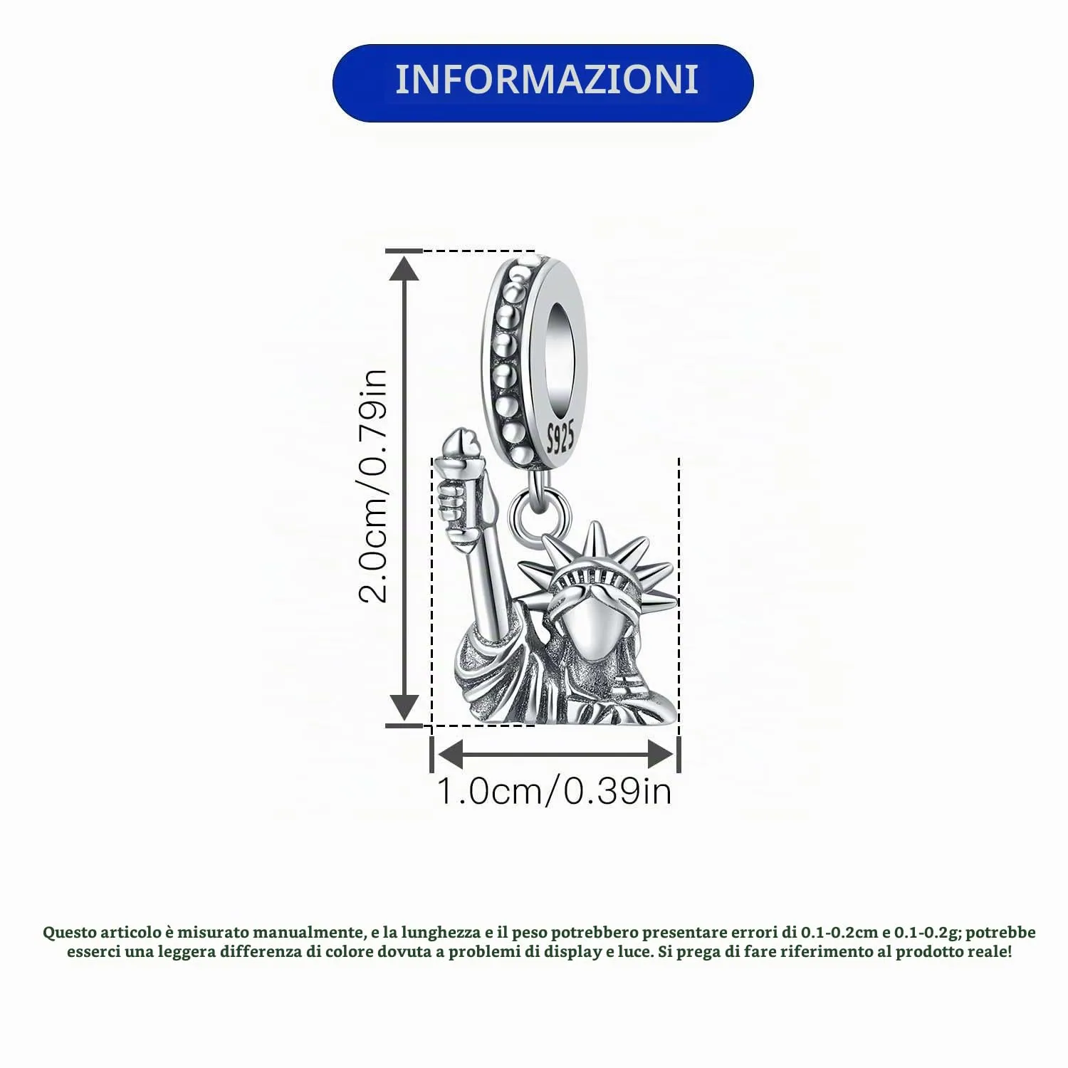 CYCUFF Ciondoli in argento e sterling 925, per braccialetti e collane, bracciali, ciondoli, perle, regalo per amici e donne (fascino statua della libertà), Argento sterling - immagine 5