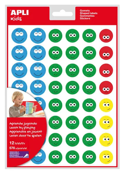Adesivi Apli Happy Face II - 576 adesivi per confezione - 4 diversi stili di viso - Motivano e premiano i bambini - Insegnano a esprimere i sentimenti - Adesivo a base d'acqua - Senza solventi - immagine 1
