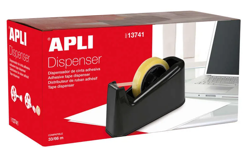 Portarotolo di nastro adesivo Apli Trade per 33 e 66 metri - Lama seghettata - Base in gomma antiscivolo - Nero - immagine 1