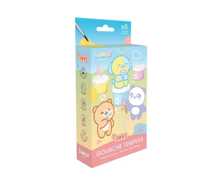Jovi Kawaii Pack con 6 barattoli di tempera (35 ml) + pennello - Asciugatura rapida - Ottima adesione - Pronto all'uso - Colori assortiti - immagine 1