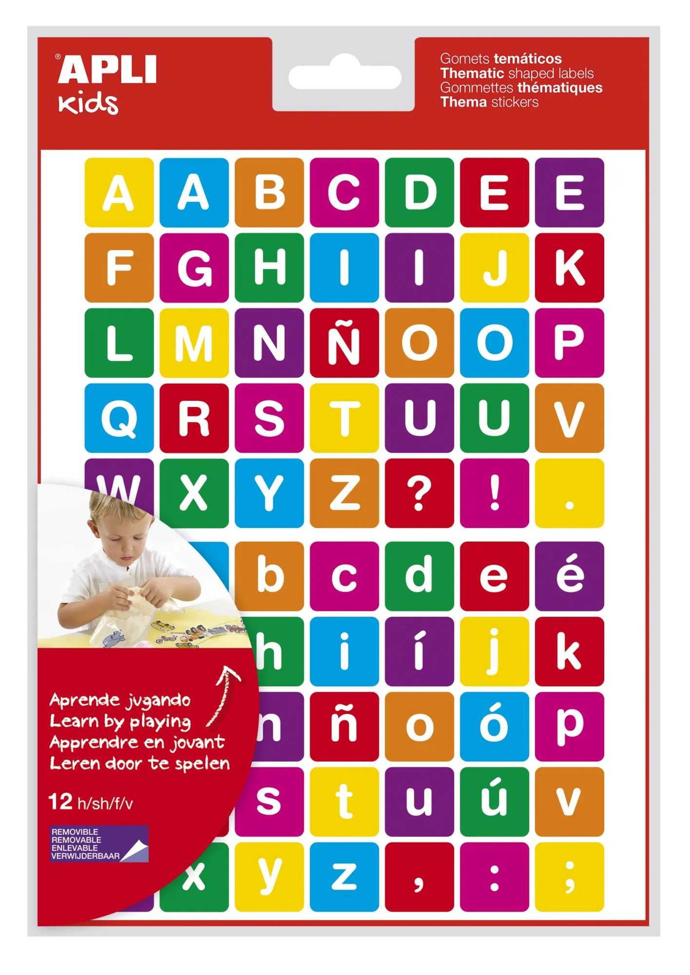 Lettere tematiche Apli Gomets - 12 fogli (840 Gomets) - Adesivo rimovibile - Ideale per l'apprendimento della lettura e della scrittura - Adesivo a base acqua - Senza solventi - Colori assortiti - immagine 1