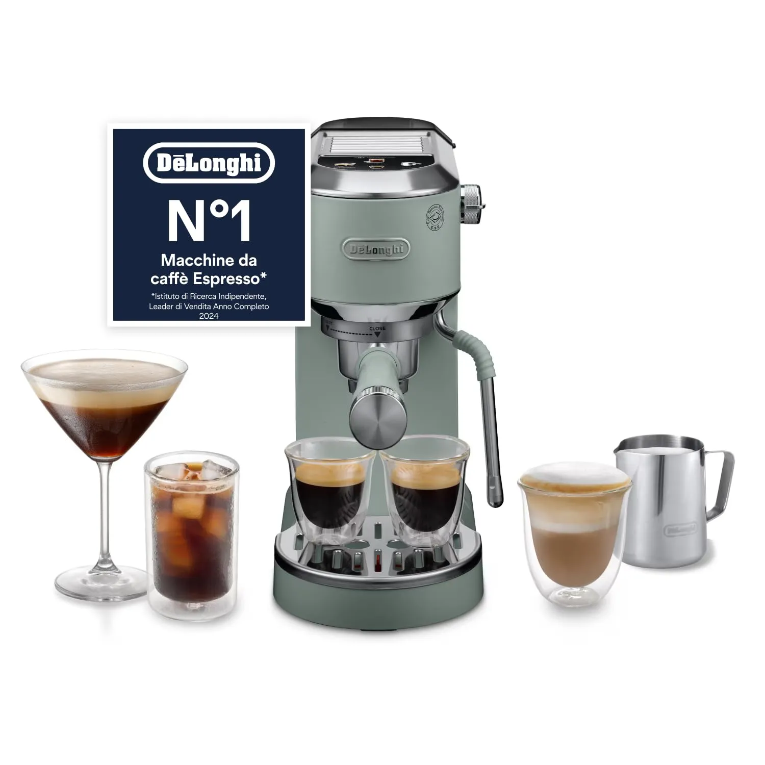 De'Longhi Dedica Duo EC890.GR Macchina Manuale per Caffè Espresso, Cappuccino e Cold Brew, Barista, Dotata di Lancia vapore per My LatteArt, Display Touch, Larga 15cm, Serbatoio Estraibile 1,1L, Verde - immagine 1