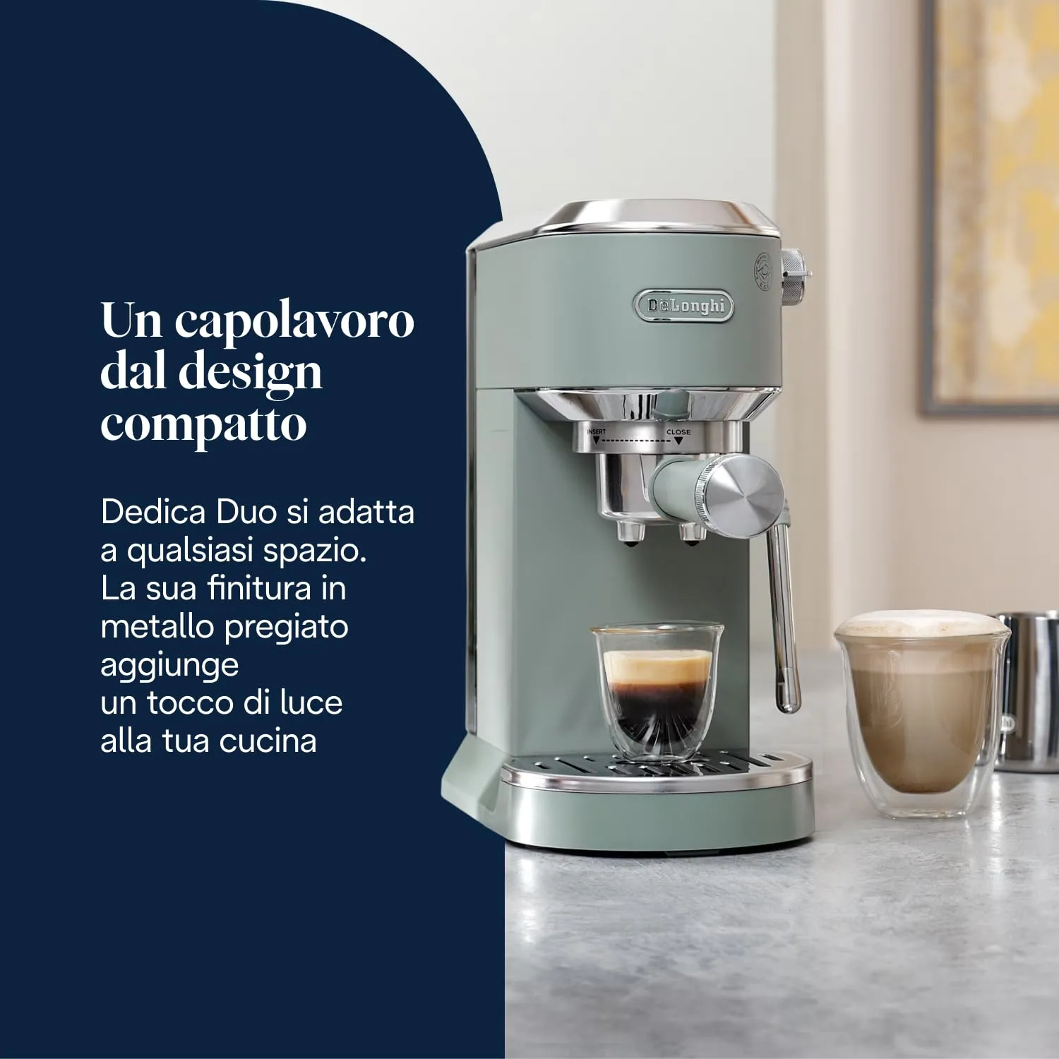 De'Longhi Dedica Duo EC890.GR Macchina Manuale per Caffè Espresso, Cappuccino e Cold Brew, Barista, Dotata di Lancia vapore per My LatteArt, Display Touch, Larga 15cm, Serbatoio Estraibile 1,1L, Verde - immagine 2