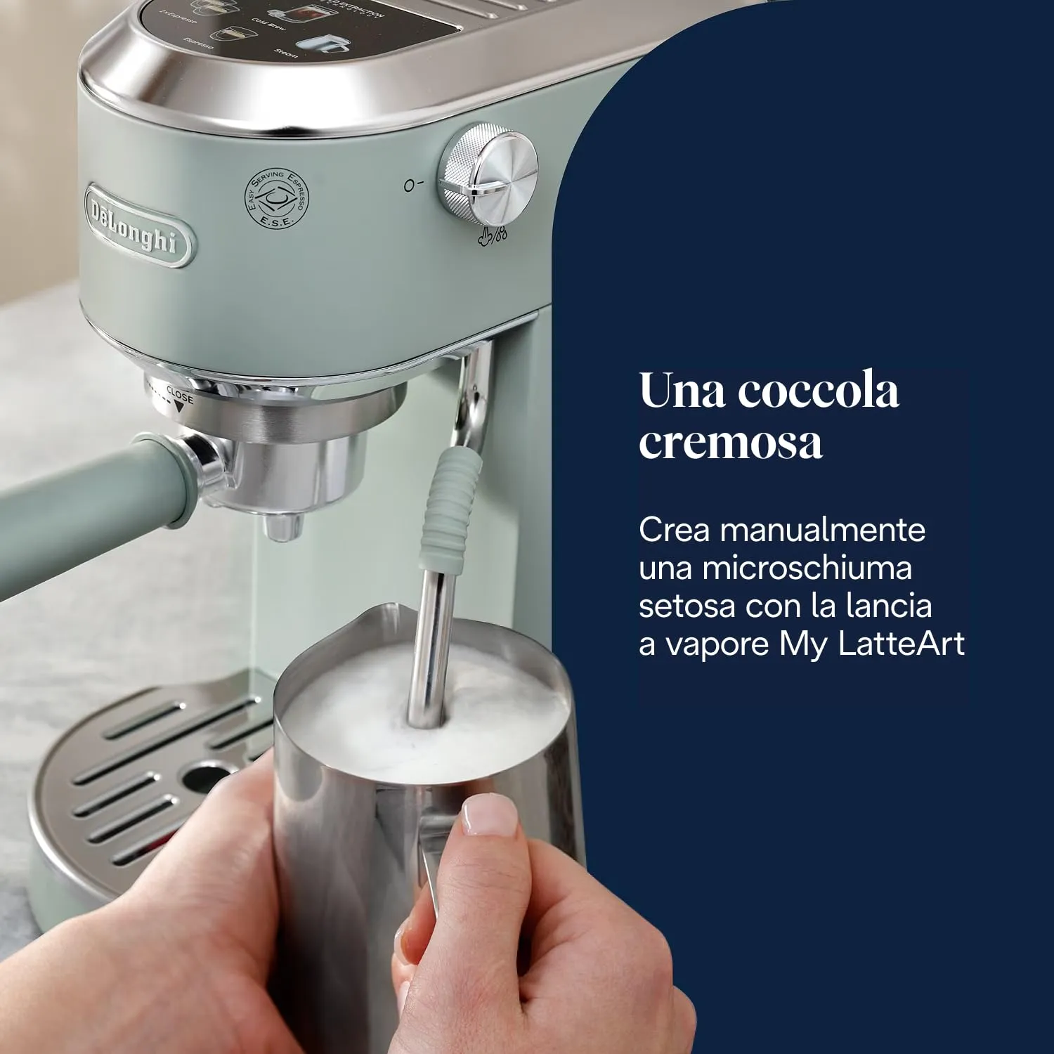 De'Longhi Dedica Duo EC890.GR Macchina Manuale per Caffè Espresso, Cappuccino e Cold Brew, Barista, Dotata di Lancia vapore per My LatteArt, Display Touch, Larga 15cm, Serbatoio Estraibile 1,1L, Verde - immagine 6