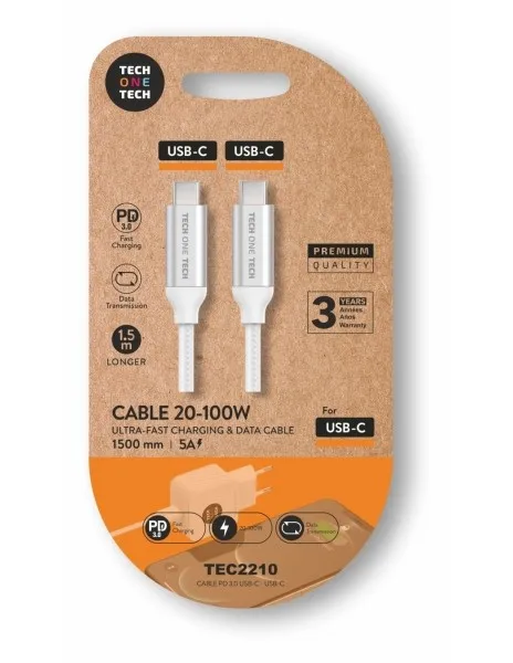 Cavo TechOneTech da USB-C maschio a USB-C maschio 1 m - Rivestimento in nylon intrecciato bianco - immagine 1