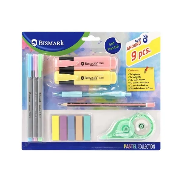 Confezione di matite colorate Bismark Pastel School Pack con matita penna a sfera 2 pennarelli nastro correttore set di bandierine per animali domestici e 3 pennarelli da 044 mm. - immagine 1