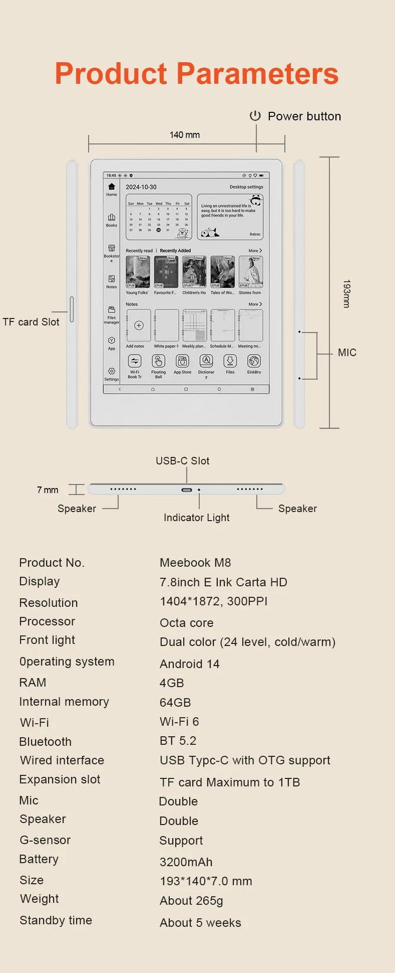 Meebook E-Reader M8 | Schermo Eink Carta 7.8' | 300PPI Smart Light | Android 14 | Processore Octa Core | Doppio microfono e altoparlanti | Supporto Play Store | Scrittura a mano | 4GB+64GB | Bianco - immagine 9