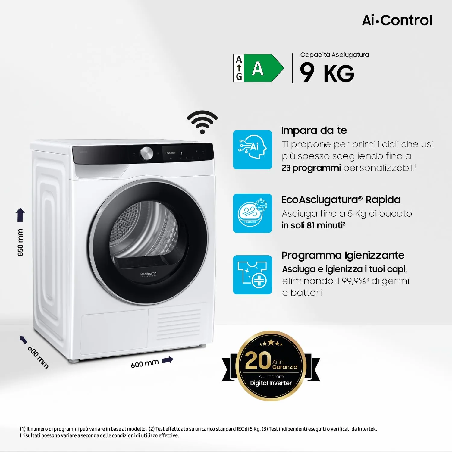 Samsung Asciugatrice AI Control DV90DG6845LEU3, 9 kg, Pompa di Calore, Wifi, AI Dry, Air Wash, Tecnologia Optimal Dry, Carica Frontale, 60L x 85H x 60P cm - immagine 2