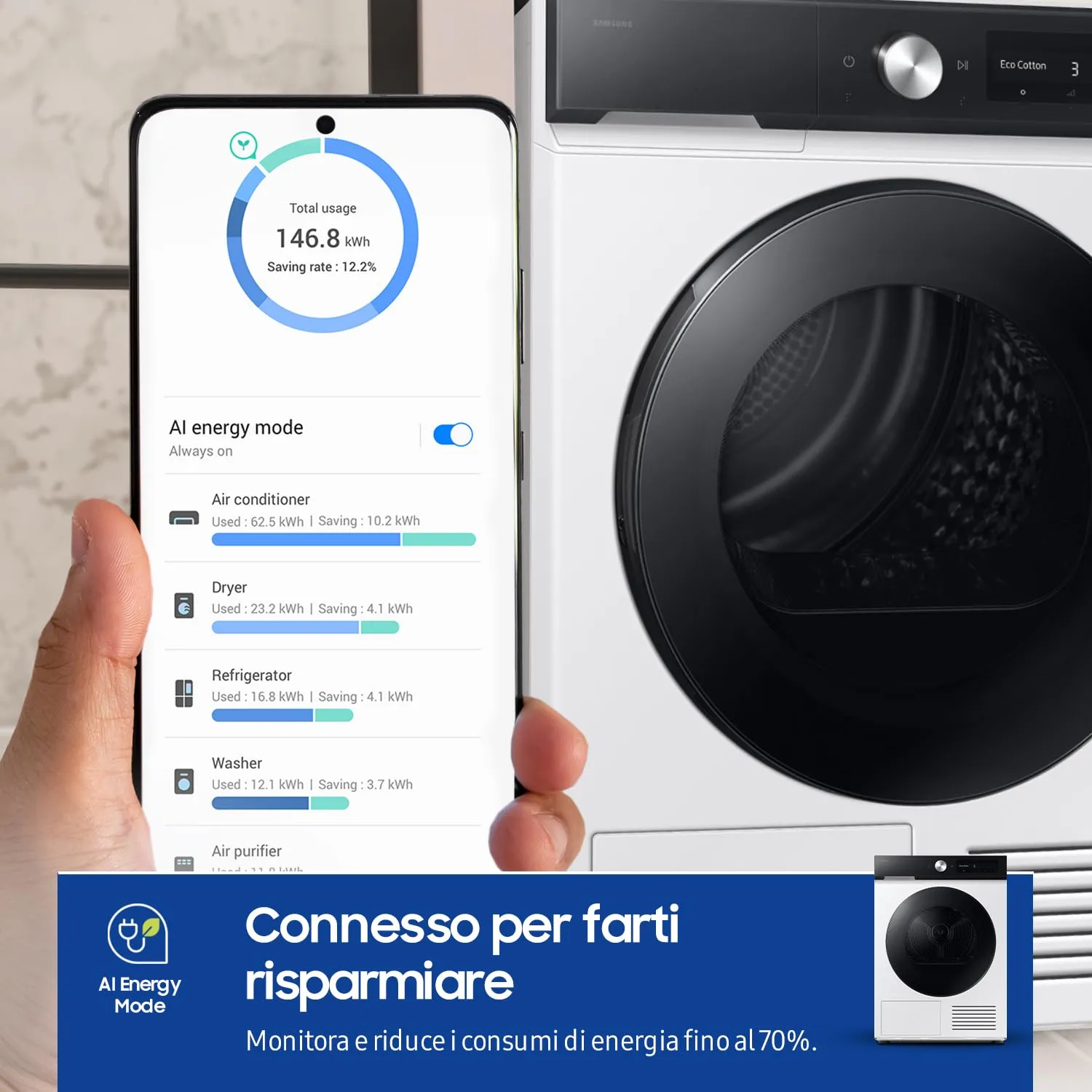 Samsung Asciugatrice Bespoke AI DV90DB7845GE/U3, 9 kg, Pompa di Calore, Wifi, QuickDrive, AI Dry, Sensore Optimal Dry, Display AI Control, Carica Frontale, 60L x 85H x 60P cm - immagine 2