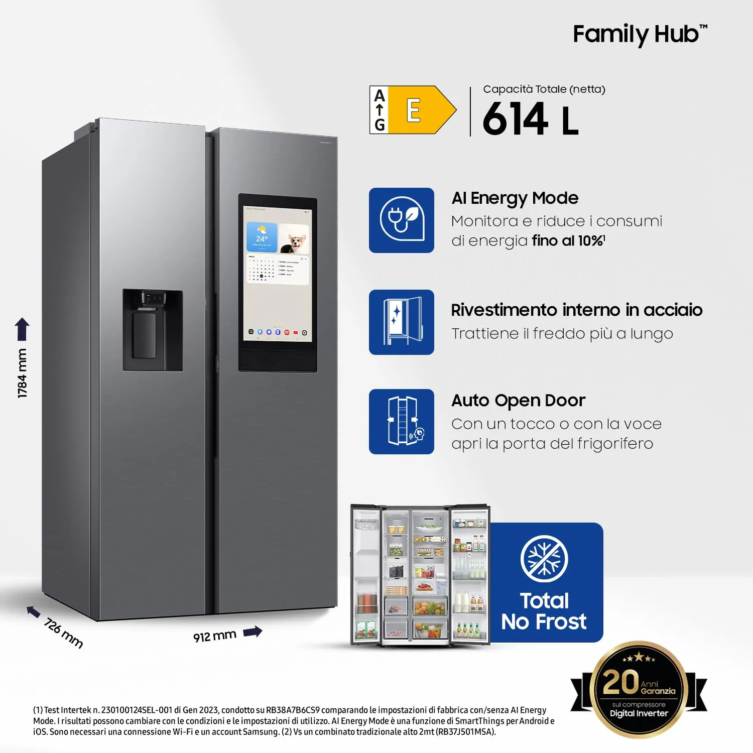 Samsung Frigorifero Side by Side Bespoke AI RS90F67BET/EF con Dispenser Acqua/Ghiaccio, Wifi con AI Energy Mode, Display Family Hub 21,5”, 614 L, LxAxP: 91,2 x 178,4 x 72,6 cm, Metal Inox - immagine 2
