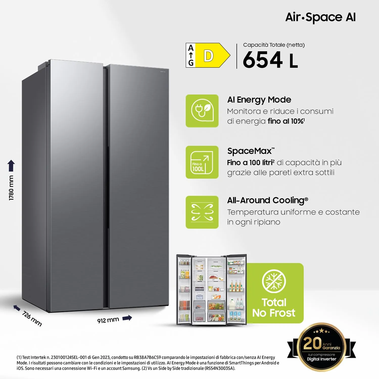 Samsung Frigorifero Side by Side Samsung Air Space AI RS70F65QDT/EF, All-Around Cooling, Wifi con AI Energy Mode, Total No Frost, SpaceMax, 654 L, LxAxP: 91,2 x 178,4 x 72,6 cm, Metal Inox - immagine 2