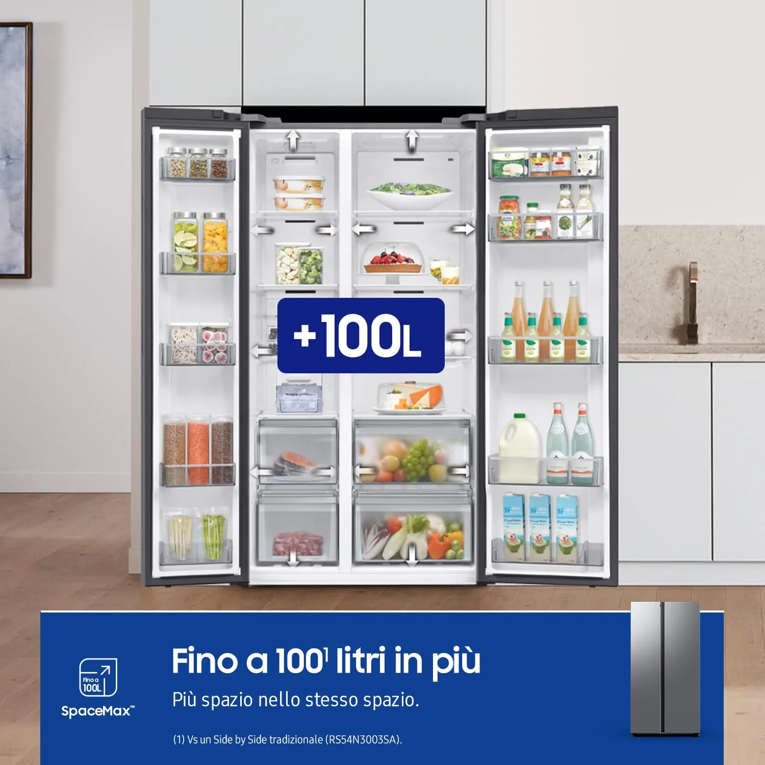 Samsung Frigorifero Side by Side Samsung Air Space AI RS70F65QDT/EF, All-Around Cooling, Wifi con AI Energy Mode, Total No Frost, SpaceMax, 654 L, LxAxP: 91,2 x 178,4 x 72,6 cm, Metal Inox - immagine 4