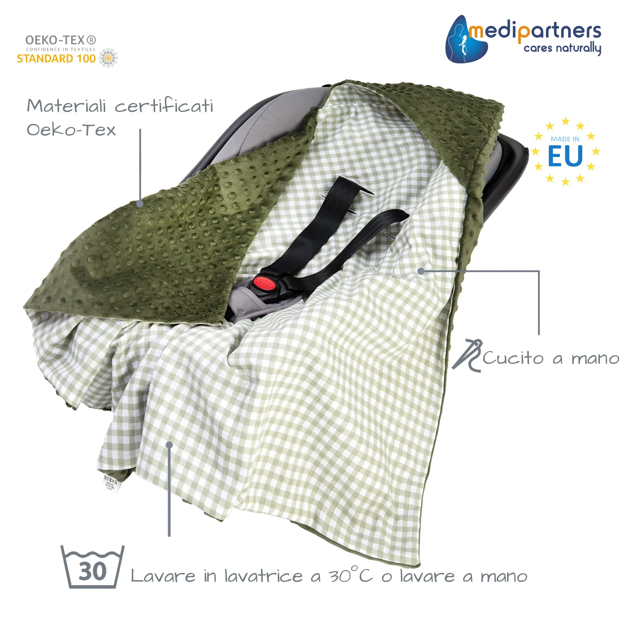 Medi Partners Coperta neonato ovetto Sacco per Passeggino - 100% Cotone universale Blanket 85x85cm fodera protettiva Morbida e Accogliente Passeggini Marsupio (Griglia con oliva Minky) - immagine 3