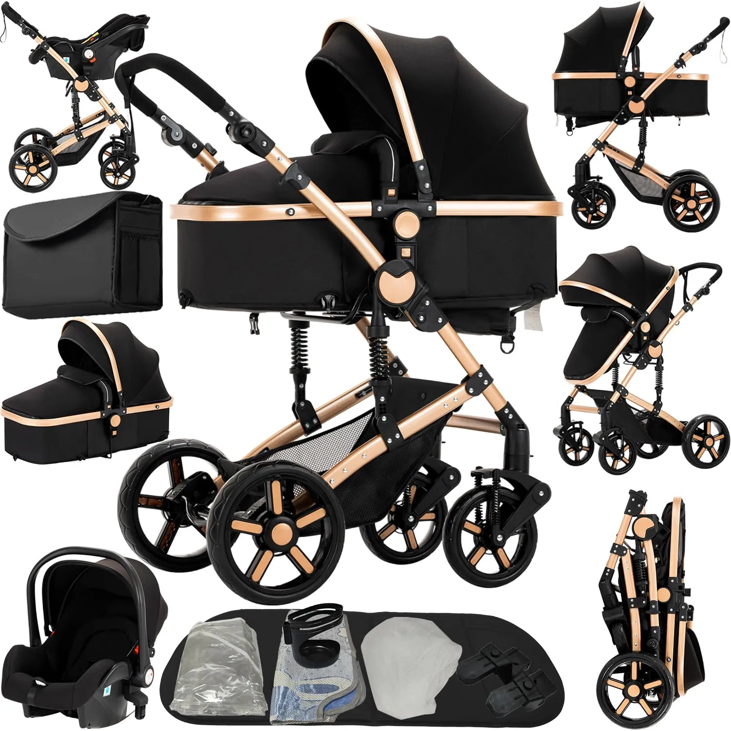 Reenborn Passeggino Trio, Passeggino 3 in 1 con Due Modi Reversibili Spingere, Trio con Design Pieghevole in Un Clic, Trio Passeggino Neonati con Telaio Alluminio Paesaggistico Alto (588 Black Gold) - immagine 1