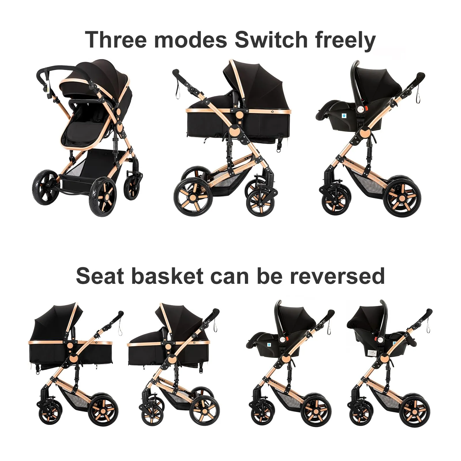 Reenborn Passeggino Trio, Passeggino 3 in 1 con Due Modi Reversibili Spingere, Trio con Design Pieghevole in Un Clic, Trio Passeggino Neonati con Telaio Alluminio Paesaggistico Alto (588 Black Gold) - immagine 5