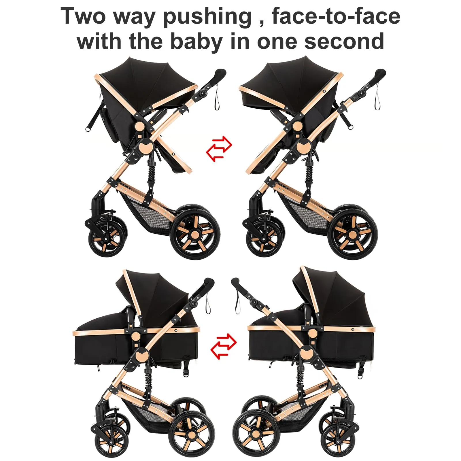 Reenborn Passeggino Trio, Passeggino 3 in 1 con Due Modi Reversibili Spingere, Trio con Design Pieghevole in Un Clic, Trio Passeggino Neonati con Telaio Alluminio Paesaggistico Alto (588 Black Gold) - immagine 7