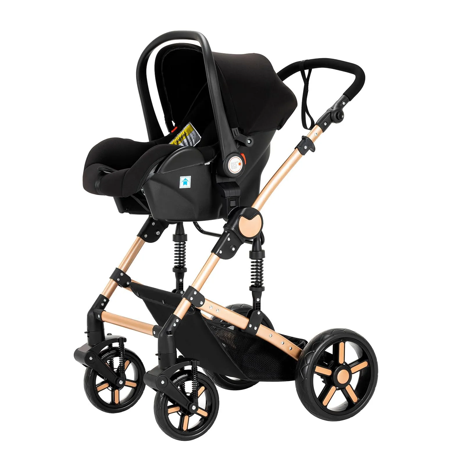 Reenborn Passeggino Trio, Passeggino 3 in 1 con Due Modi Reversibili Spingere, Trio con Design Pieghevole in Un Clic, Trio Passeggino Neonati con Telaio Alluminio Paesaggistico Alto (588 Black Gold) - immagine 8