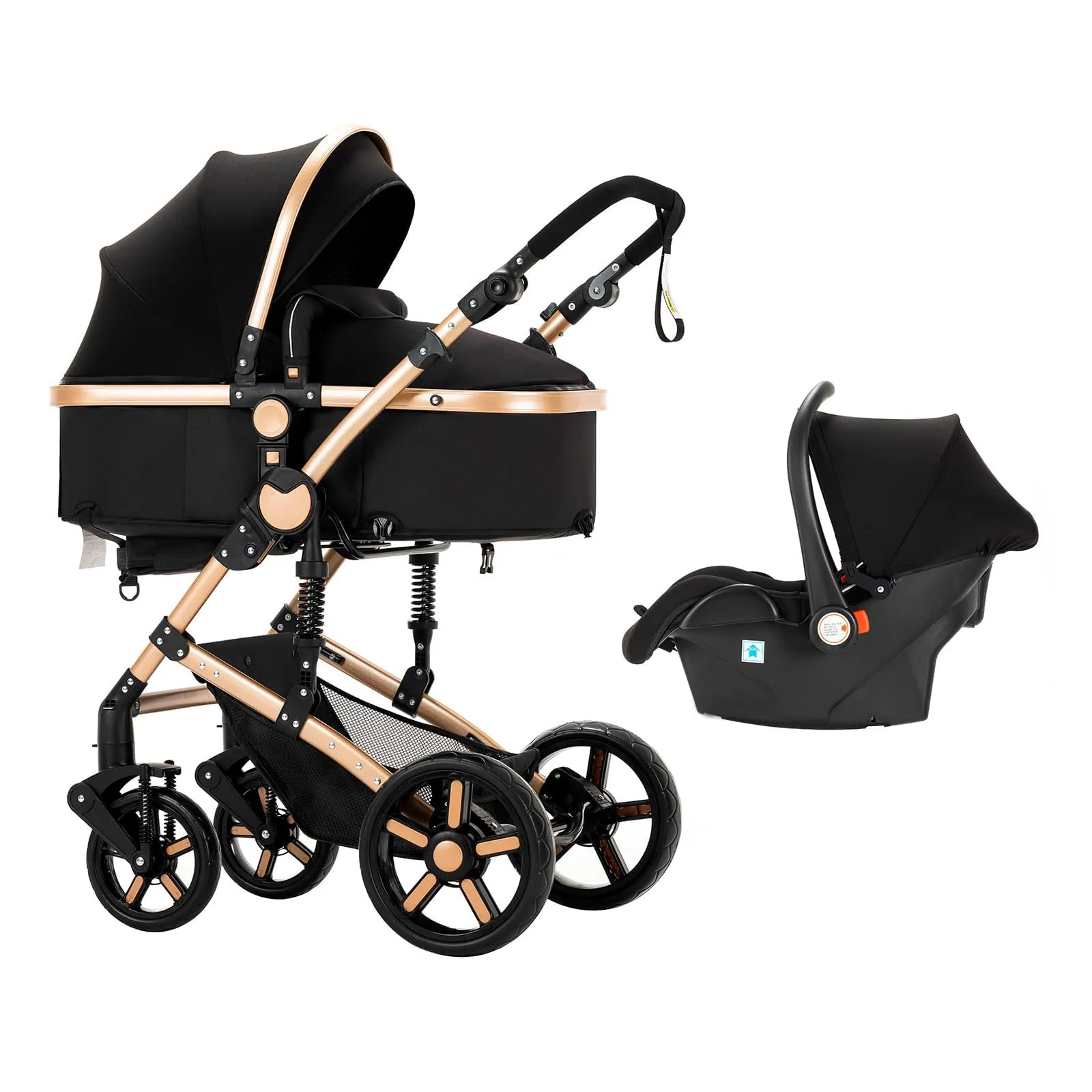 Reenborn Passeggino Trio, Passeggino 3 in 1 con Due Modi Reversibili Spingere, Trio con Design Pieghevole in Un Clic, Trio Passeggino Neonati con Telaio Alluminio Paesaggistico Alto (588 Black Gold) - immagine 9