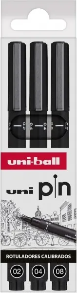 Uni-ball Uni Pin Confezione da 3 pennarelli calibrati 02 04 08 - Punta in poliacetale - Inchiostro pigmentato resistente all'acqua e alla luce - Colore nero - immagine 1