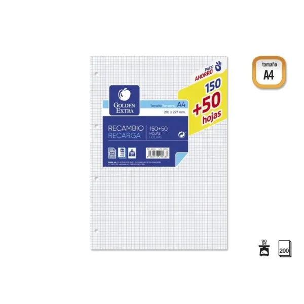 Ricarica Golden Extra da 200 fogli 90 g/m² griglia 4x4 formato A4 4 fori - immagine 1