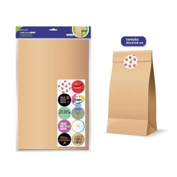 Confezione da 10 buste in carta kraft Bismark da 50 g/m² con 10 adesivi di chiusura - Dimensioni: 30x47x8 cm - Ideali per regali - Marrone kraft - immagine 1