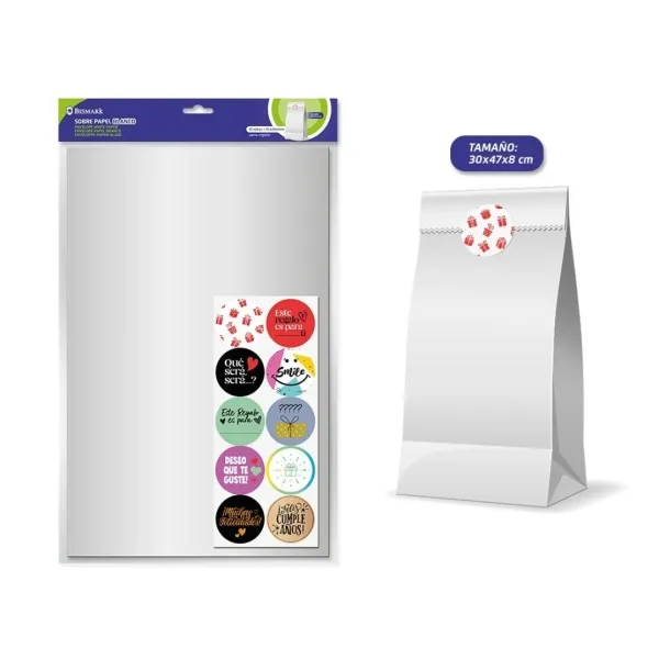 Confezione da 10 buste in carta kraft Bismark da 50 g/m² con 10 adesivi di chiusura - Dimensioni: 30x47x8 cm - Ideali per regali - Colore: Bianco - immagine 1